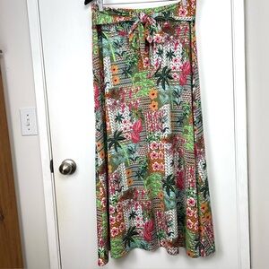 Robert Louis Tropical Print Stretch Maxi Tie Front Skirt size L Multicolor Vacay